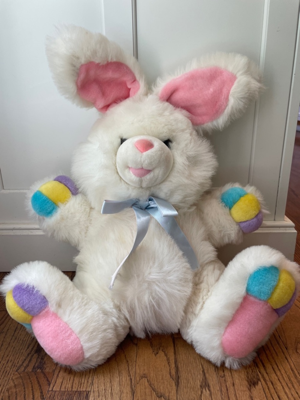 Vintage Chrisha 1980s White Plush Bunny with Pink Ears and Pastel Paw Accents
